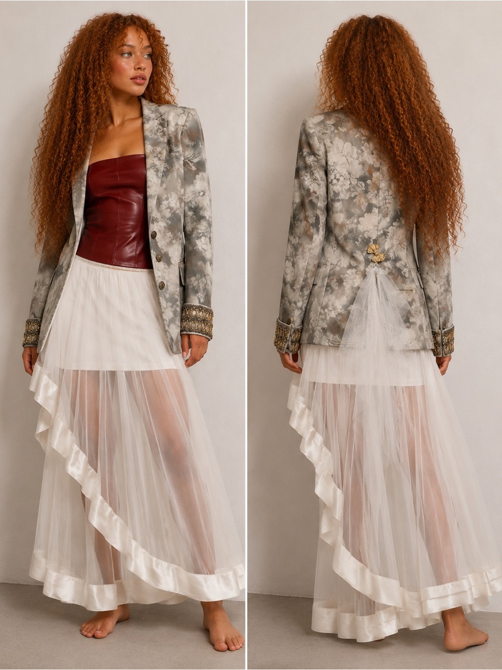 Cream Sheer High-Low Maxi Skirt with Satin Trim - Picture 4 of 4
